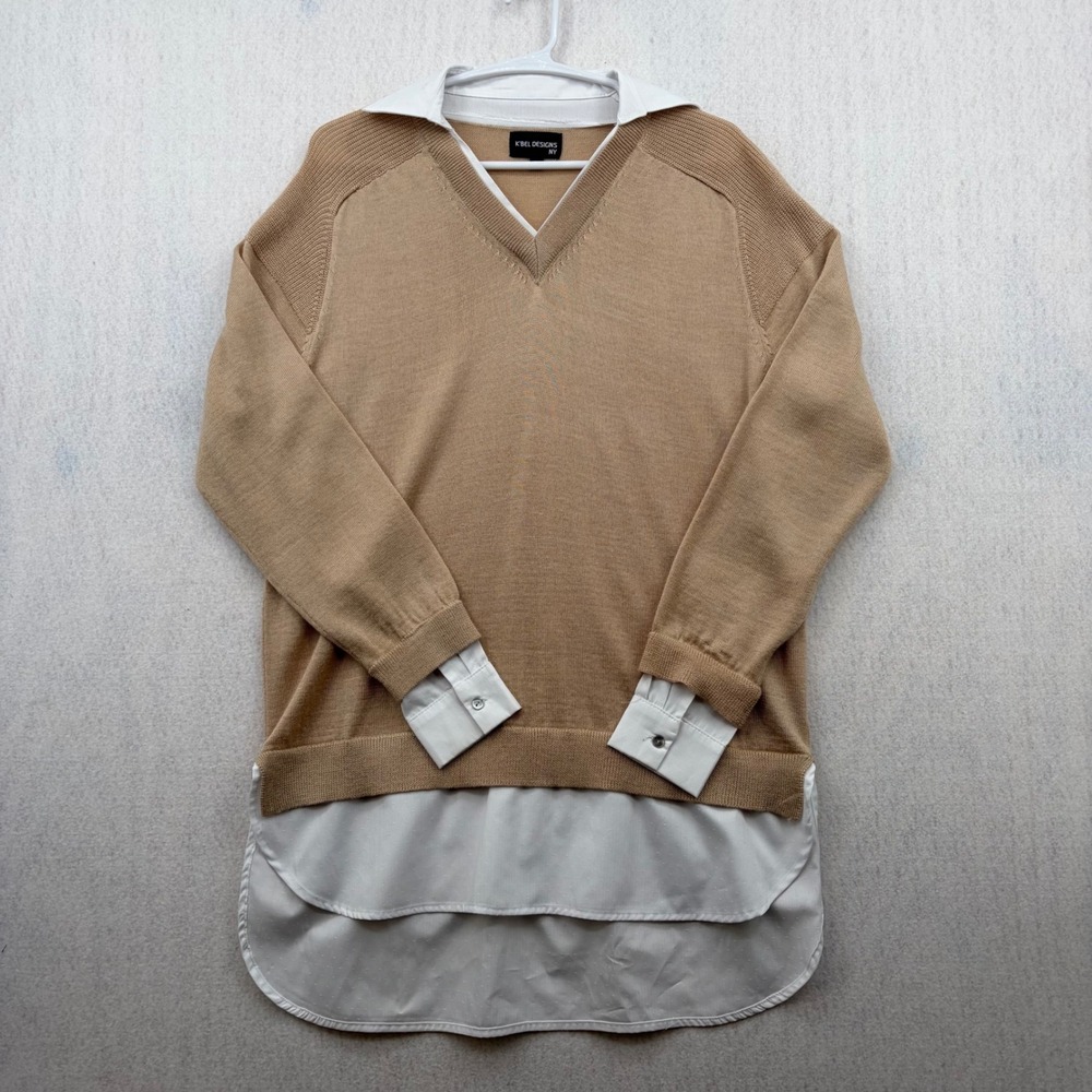 K'Bel Designs NY Tan Wool Blend Layered Look V-Neck Sweater White Shirt Hem L